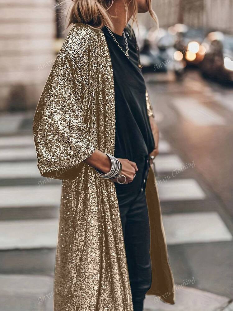 Sequin Patchwork Batwing Sleeve Casual Versatile Long Jacket | SHEIN