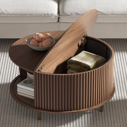 JOINICE,Round Coffee Table with Storage,Mid Century Modern Circle Coffee Table for Living Room,31.5" Small Fluted Center Table with Sliding Door,Home Small Space, Walnut | Amazon (US)