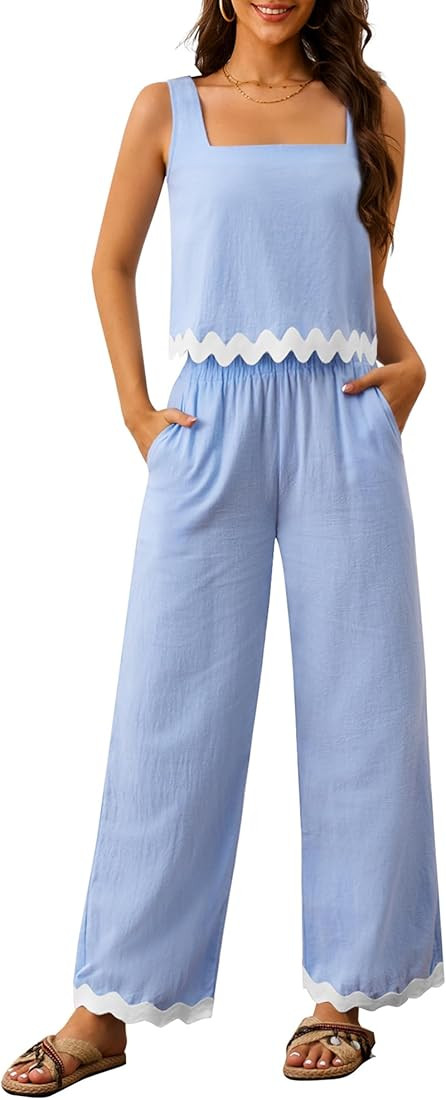 Women's 2 Piece Outfits Summer Sets Linen Sleeveless Crop Tank Top Wide Leg Pants Cruise Vacation... | Amazon (US)