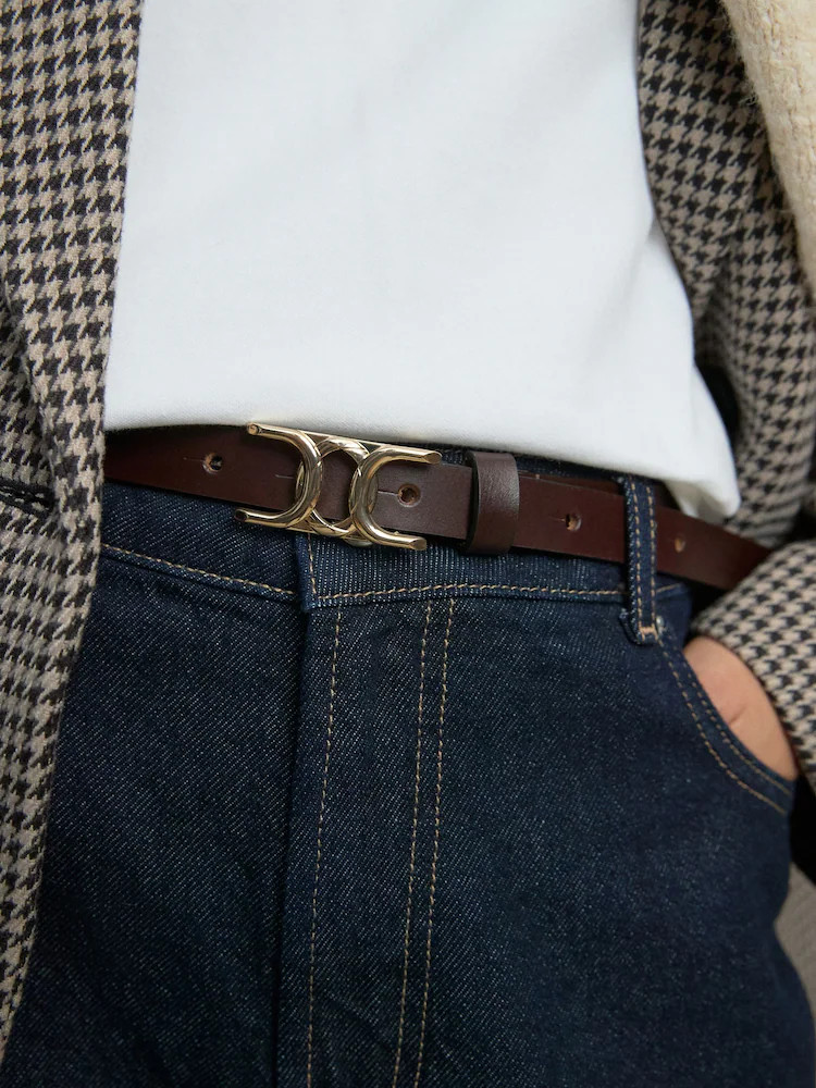 Buy Chocolate Brown Statement Buckle Skinny Leather Belt from Next Ireland | Next EU