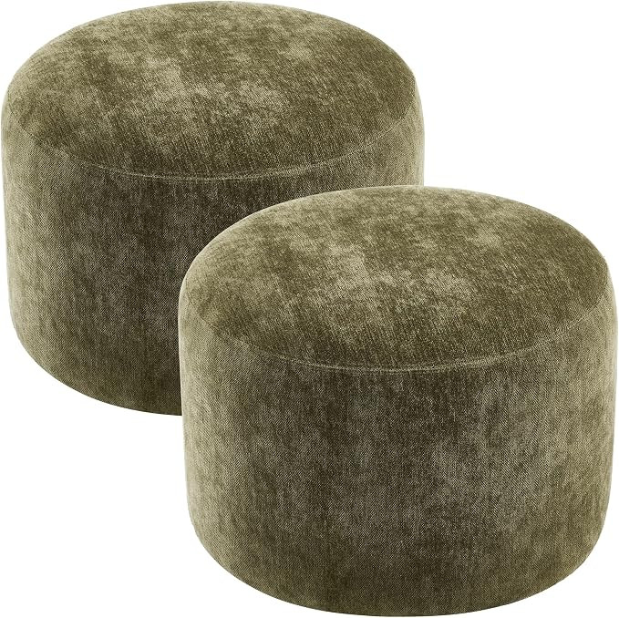 Upholstered Round Ottoman Set of 2, Green Pouf Ottoman, Modern Footstool with Soft Padded Seat & ... | Amazon (US)