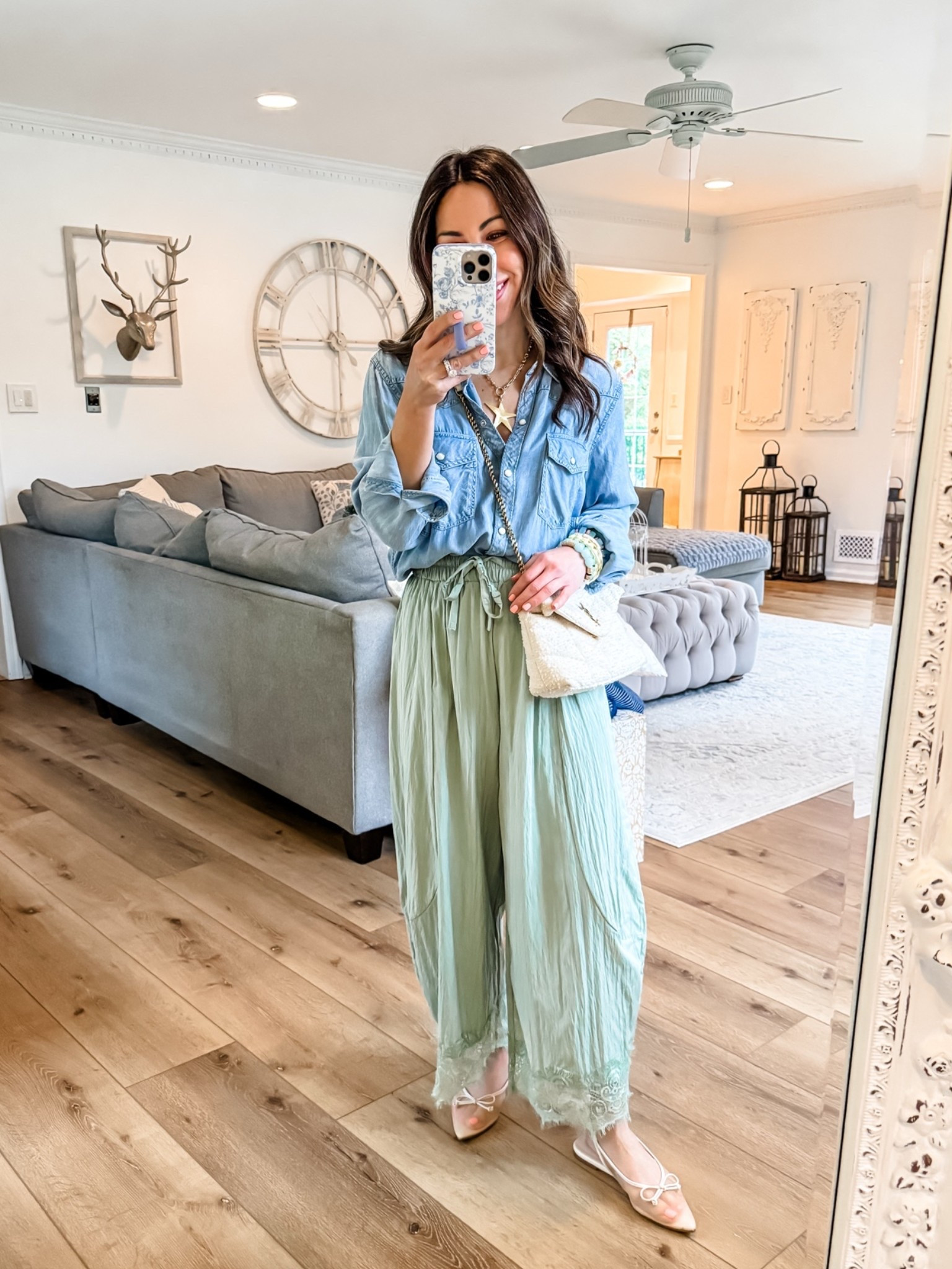 Small chambray denim shirt (code MDW2026). Small lace pants. Mesh ballet flats TTS. Jewelry code SUMMER

#LTKSaleAlert #LTKOver40 #LTKPetite