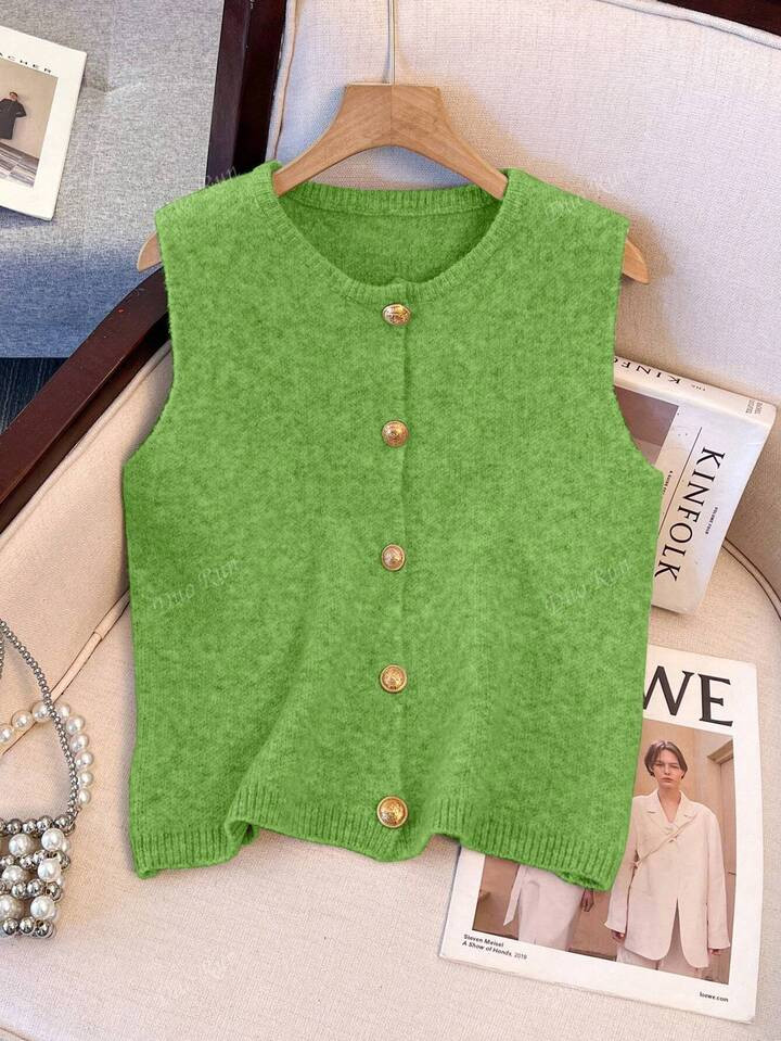 1pc Simple Solid Color Gentle Style Single-Breasted Metal Button Knit Vest Waistcoat, Round Neck Fashionable Sweater Vest, Women, Spring/Summer | SHEIN
