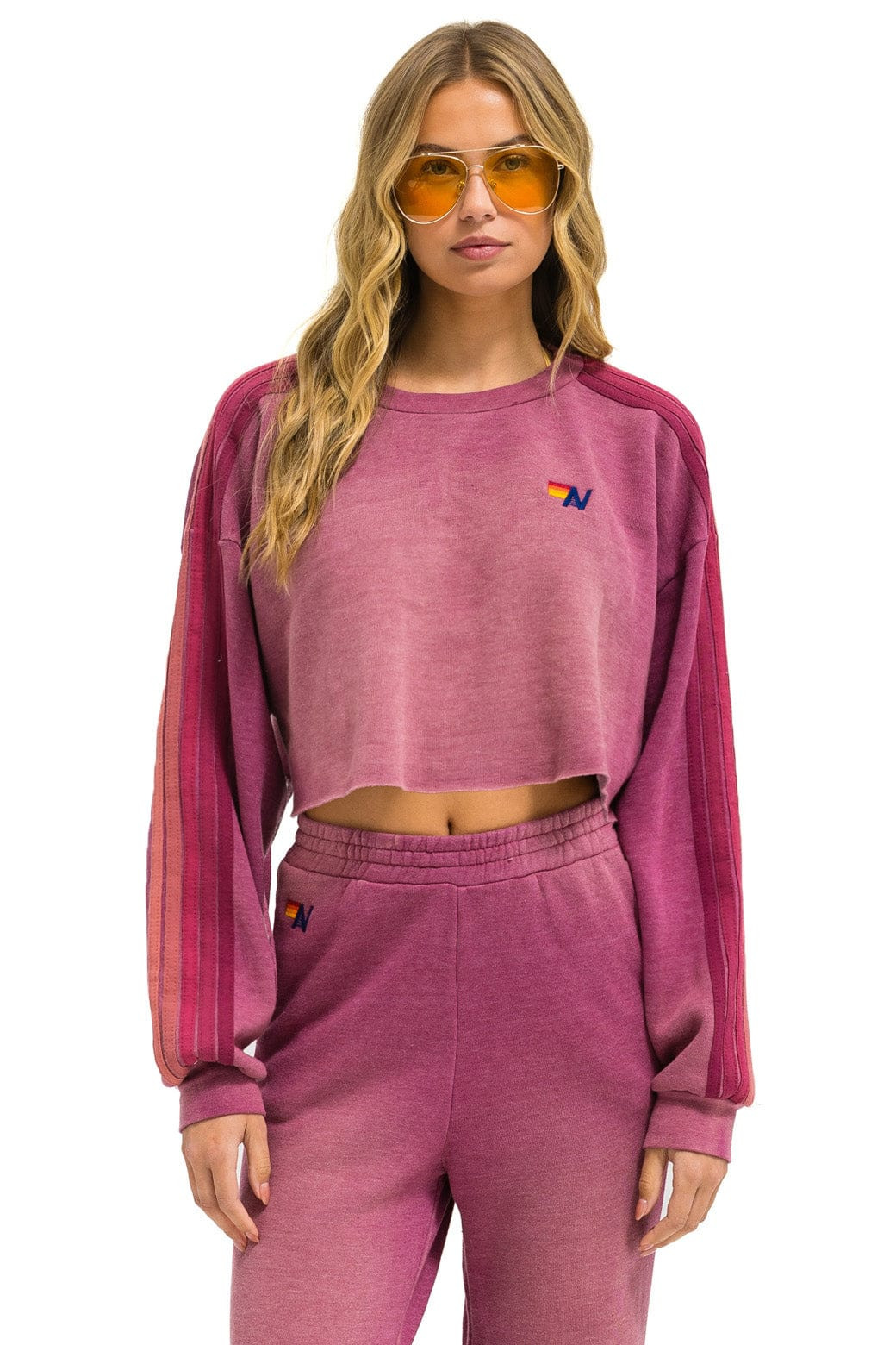 CLASSIC STRIPE CROPPED CREW SWEATSHIRT RELAXED - FADED BERRY | Aviator Nation