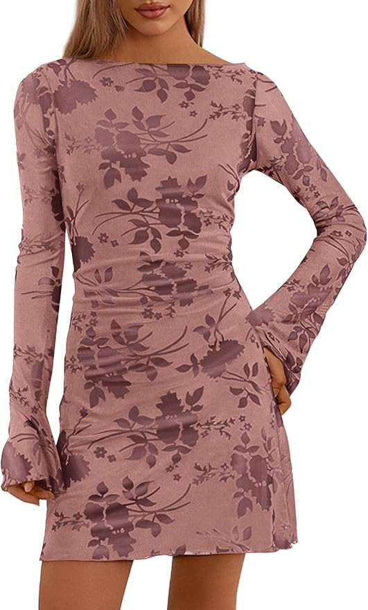 PRETTYGARDEN Women's 2025 Fall Fashion Floral Long Sleeve Mini Dress Mesh Bodycon Short Party Dat... | Amazon (US)