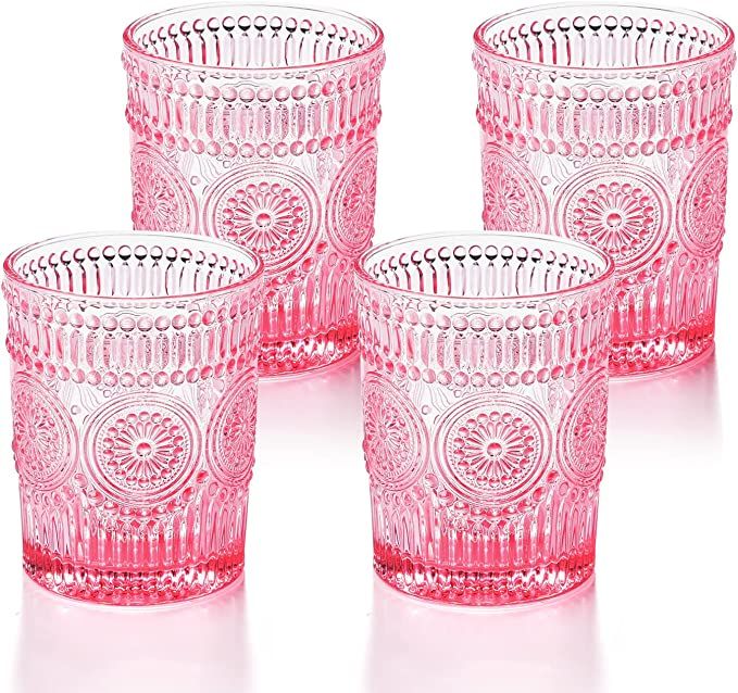 GLASS SMILE 4 Pack Romantic Water Glasses-10.5 OZ Pink Vintage Drinking Glasses Tumblers for Whis... | Amazon (US)