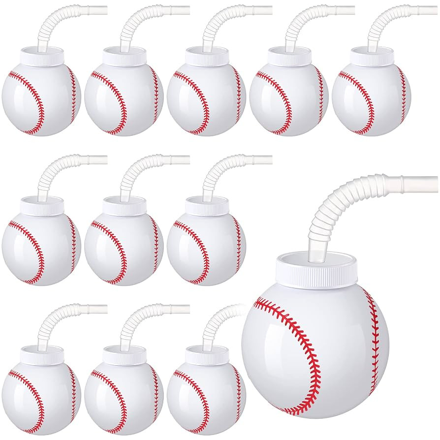 Baseball Ball Shape Cups Bulk with Straws and Lids, 10oz Plastic Reusable Baseball Party Cups Bal... | Amazon (US)