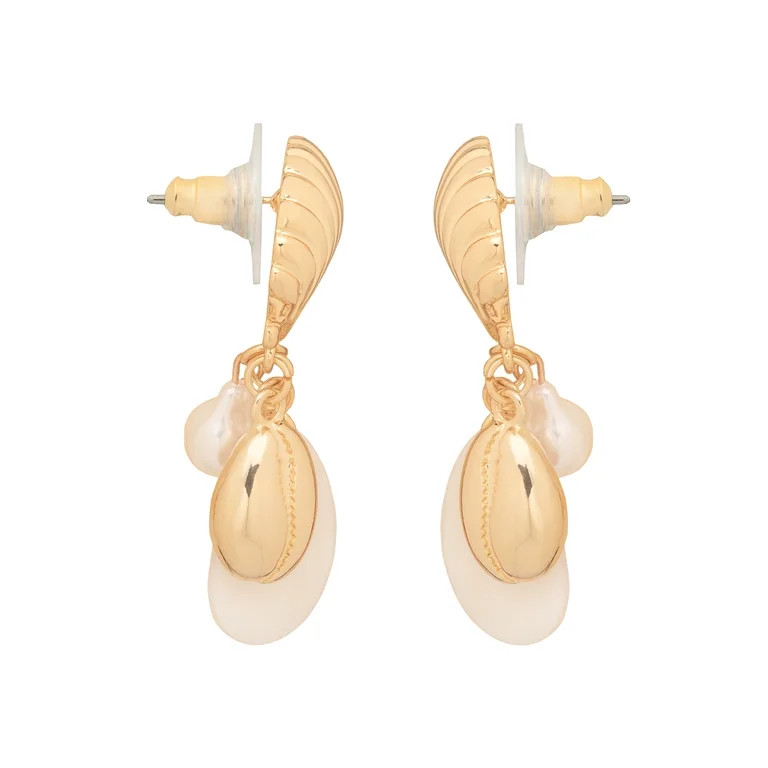 Time and Tru Women's Gold Tone Metal Drop Earrings Faux Pearl Shell Dangle Design | Walmart (US)