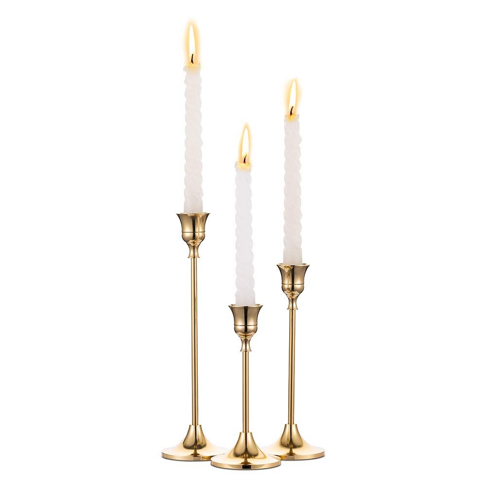 NUPTIO Candlestick Holders Taper Candle Holders, Set of 3 Candle Stick Holders Set, Brass Gold Candl | Amazon (US)