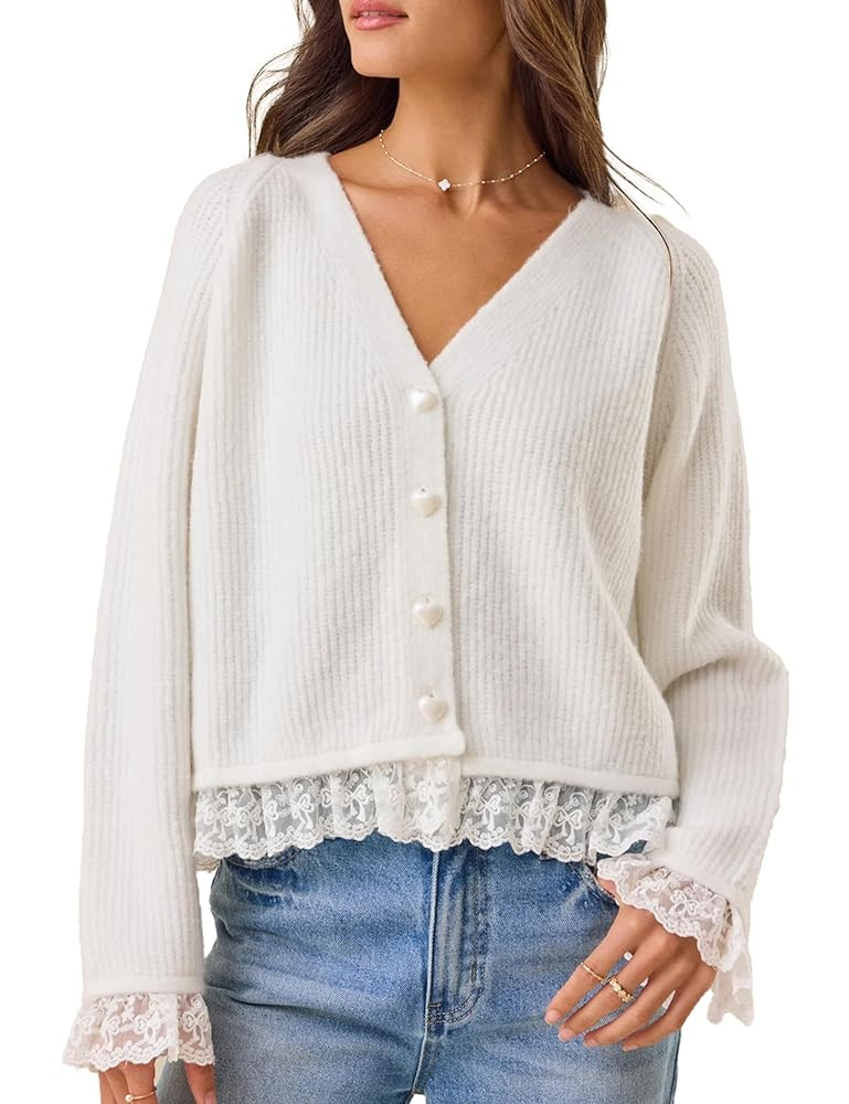 Womens Lace Trim Cardigan Sweater Elegant Casual Long Sleeve Open Front Button Down V Neck Laces ... | Amazon (US)