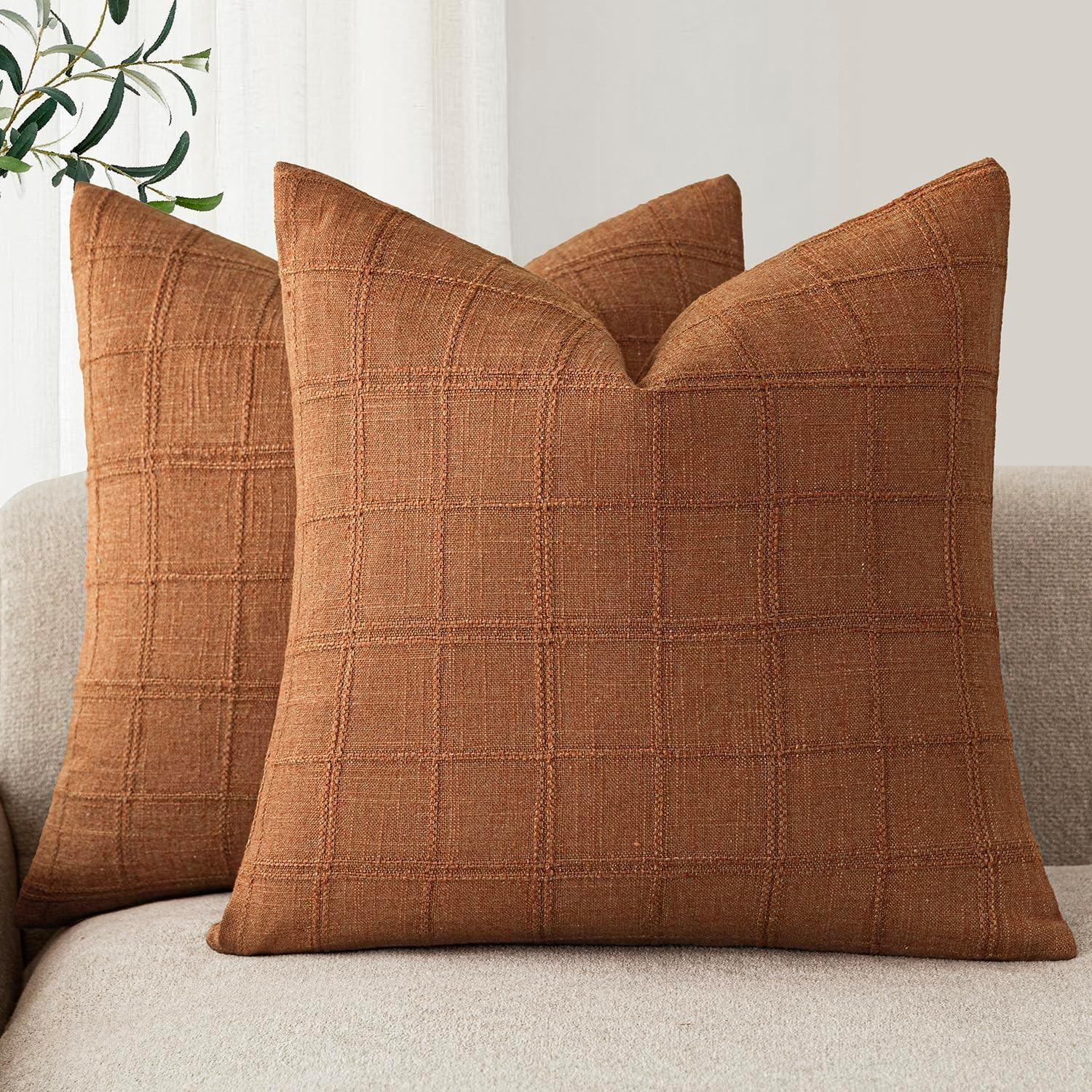 Foindtower Set of 2 Decorative Linen Check Throw Pillow Covers Neutral Farmhouse Vintage Cushion Covers Modern Boho Home Decor for Sofa Chair Couch Bedroom Living Room,20×20 Inch,Orange | Amazon (US)