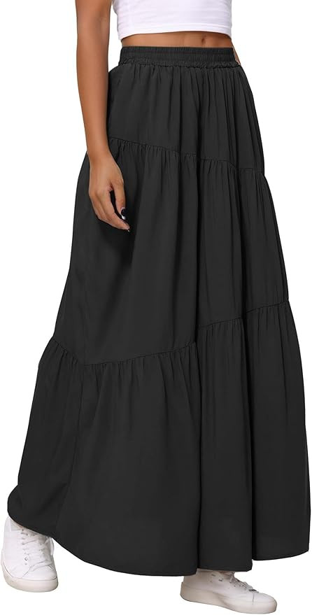 Women Boho Maxi Skirt Elastic High Waist Pleated A-Line Dress Flowy Swing Asymmetric Tiered Long ... | Amazon (US)