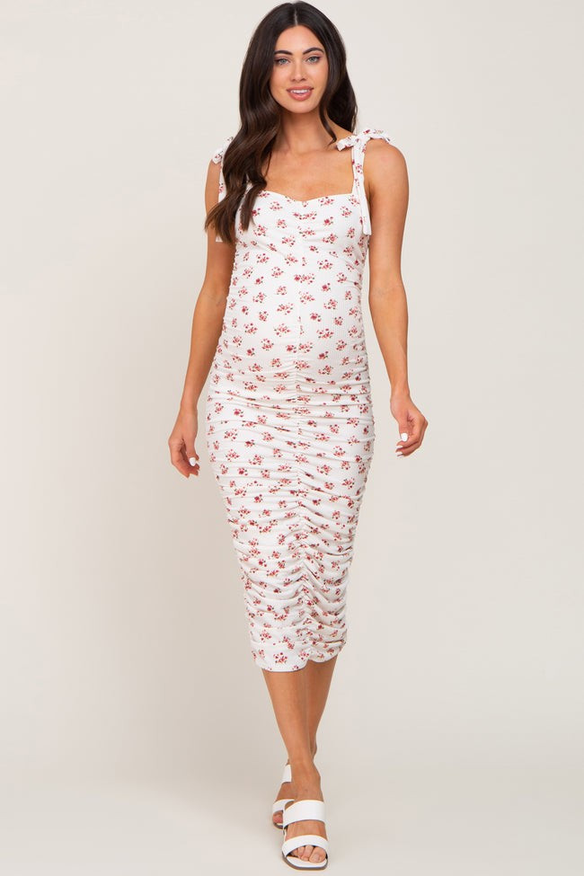 Ivory Floral Tie Strap Ruched Maternity Midi Dress | PinkBlush Maternity