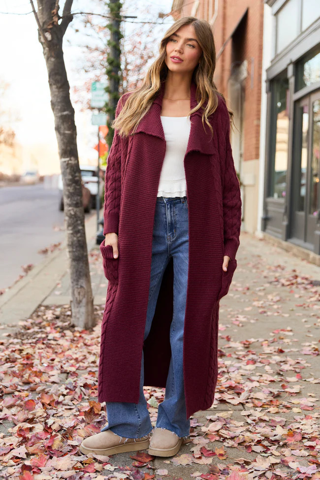 Keegan Burgundy Cable Knit Duster Cardigan SALE | Pink Lily