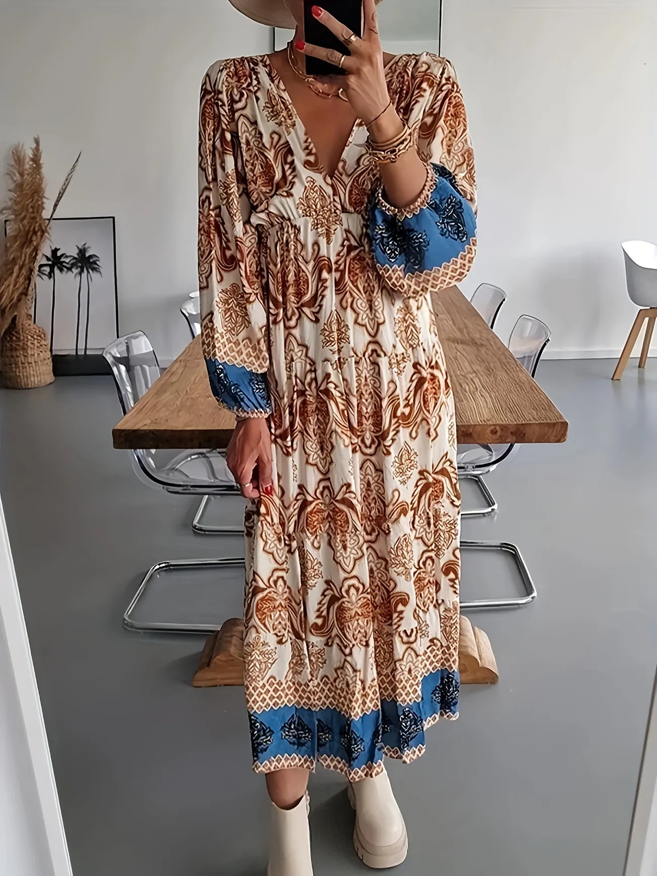 Ethnic Floral Print Dress, Boho V Neck Long Sleeve Midi Dress, Women's Clothing | Temu Affiliate Program