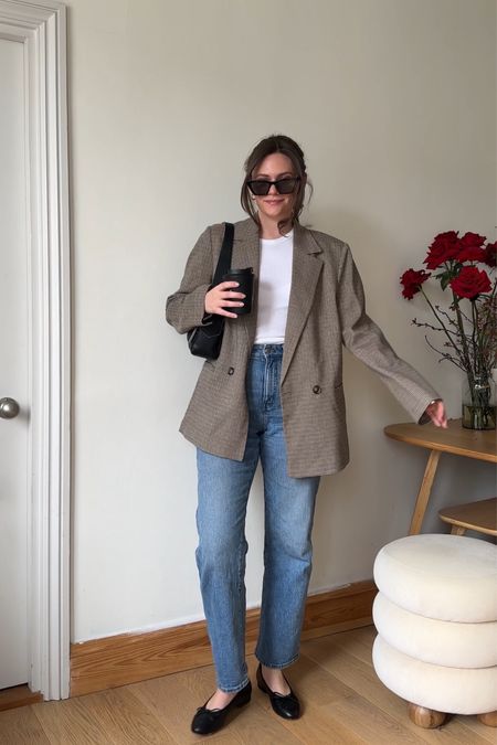 Checked blazer Madewell blue jeans, white tanks, black sunglasses, ballet pumps 