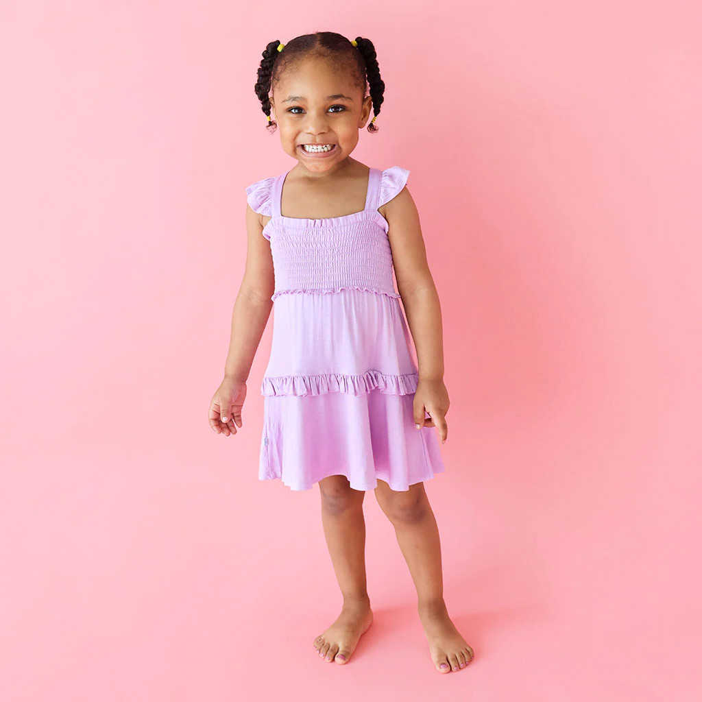 Solid Purple Flutter Sleeve Girl Twirl Dress | Springtime Lilac | Posh Peanut