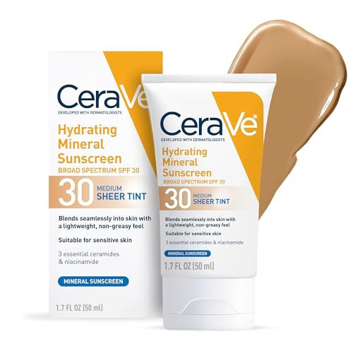 CeraVe Hydrating Mineral Sunscreen SPF 30 with Sheer Tint, Tinted Mineral Sunscreen with Zinc Oxide & Titanium Dioxide, Blends Seamlessly For Healthy Glow, Medium, 1.7 Fluid Ounce | Amazon (US)
