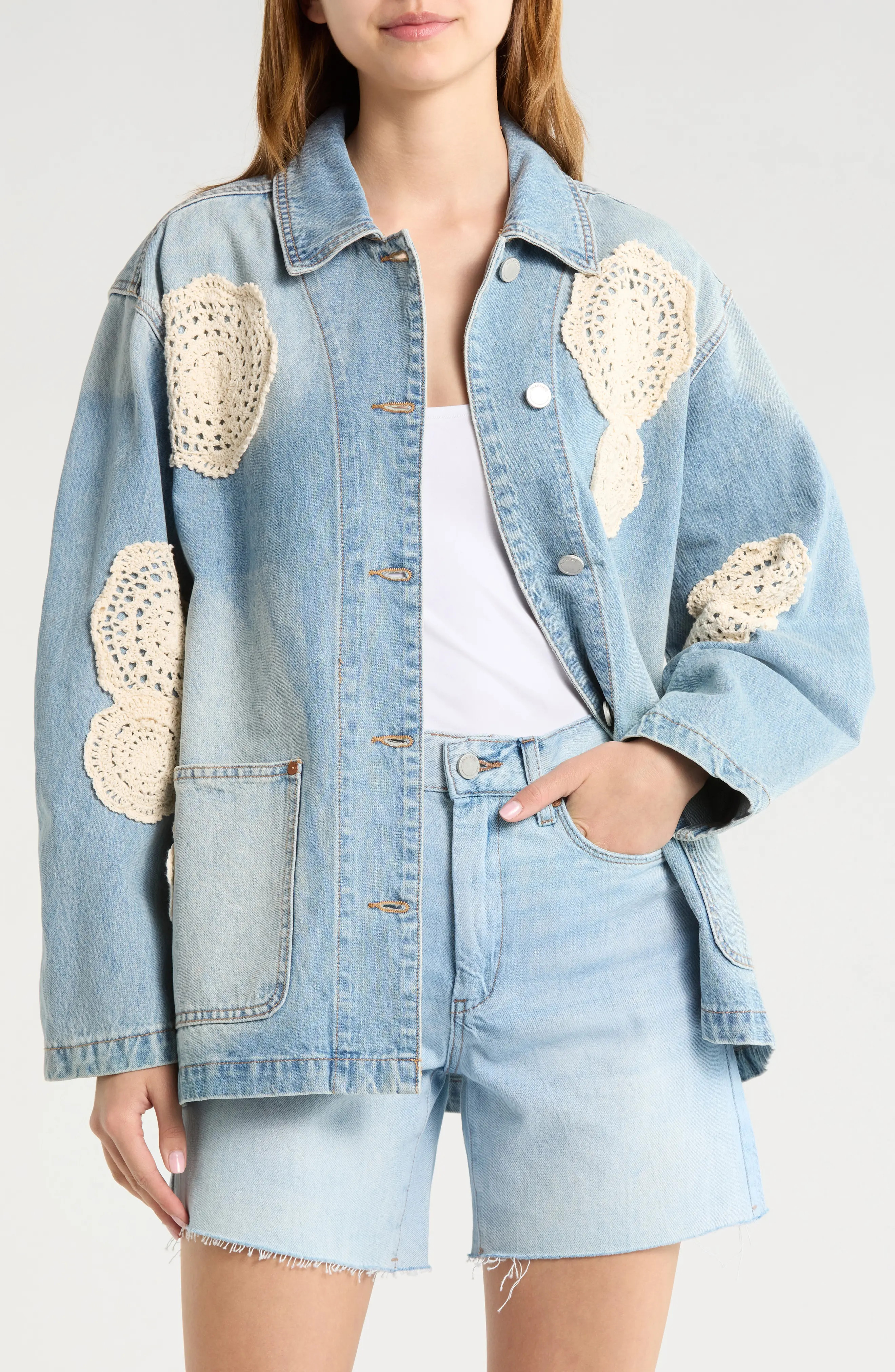 BLANKNYC Crochet Appliqué Denim Chore Jacket in Surf Camp at Nordstrom, Size Medium | Nordstrom