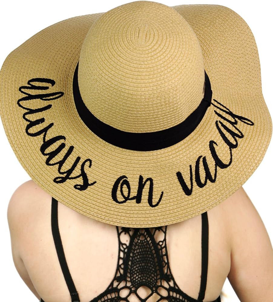 C.C Women's Paper Weaved Crushable Beach Embroidered Quote Floppy Brim Sun Hat | Amazon (US)