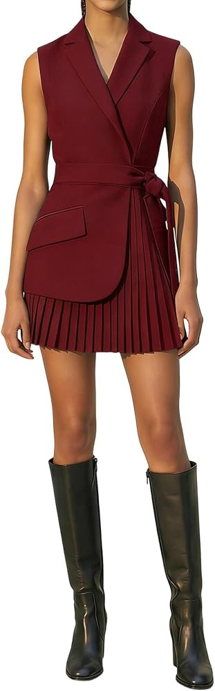 Women's Belt Blazer Dress Lapel Notch Neck Sleeveless Elegant Vest Pleated Mini Dress Summer Busi... | Amazon (US)