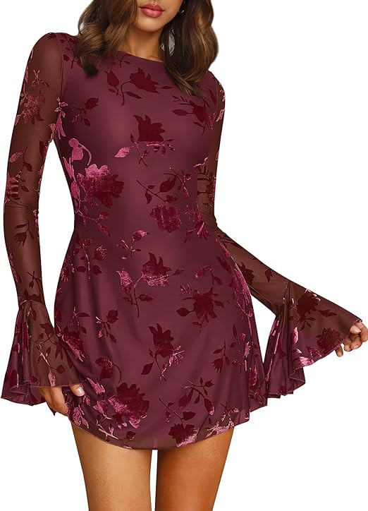 BTFBM Women Floral Wedding Guest Dress Fall 2025 Casual Long Sleeve Crew Neck Flowy Party Cocktai... | Amazon (US)