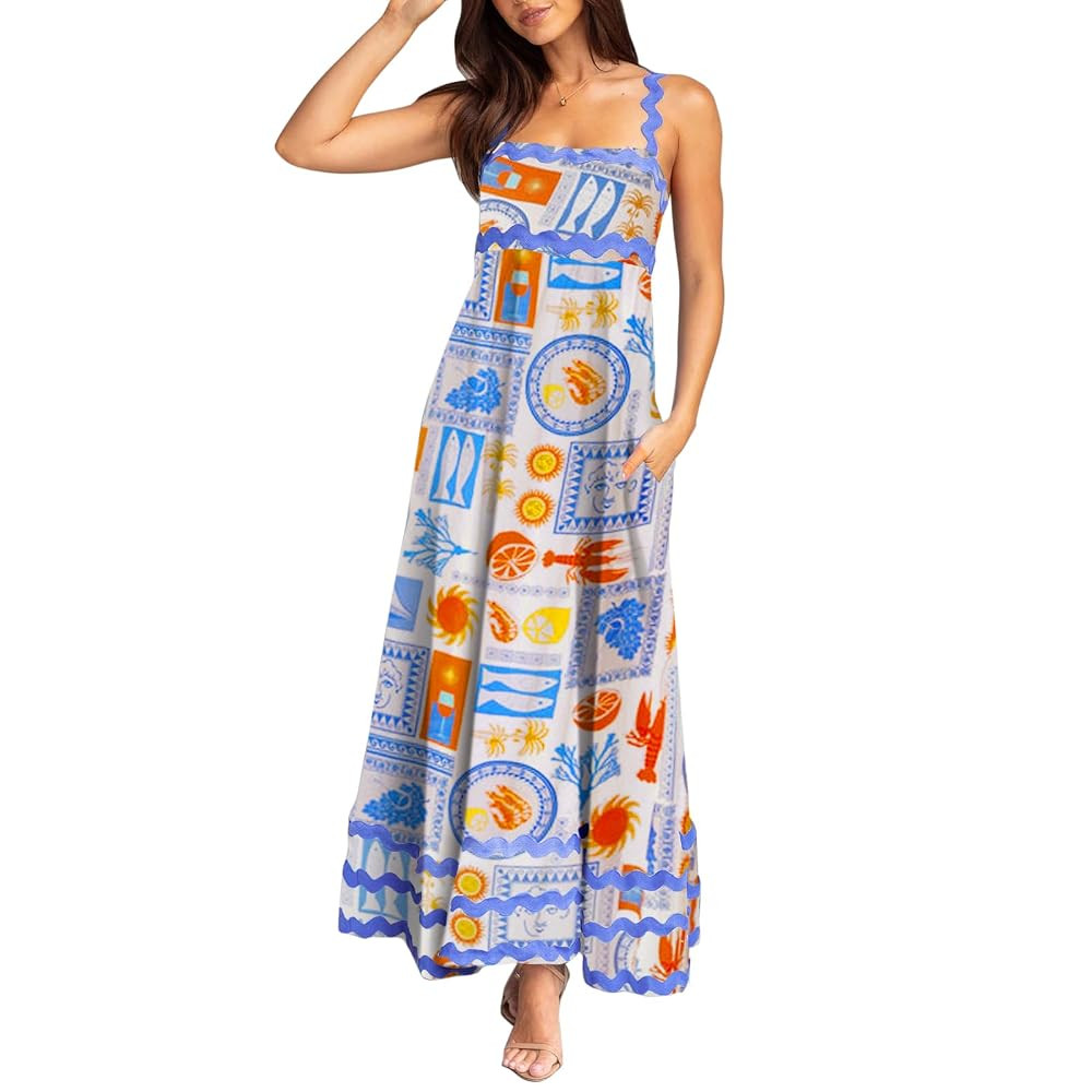 NUFIWI Women Boho Graffiti Cami Long Dress Graphic Spaghetti Strap Flowy Maxi Dress Square Neck C... | Amazon (US)