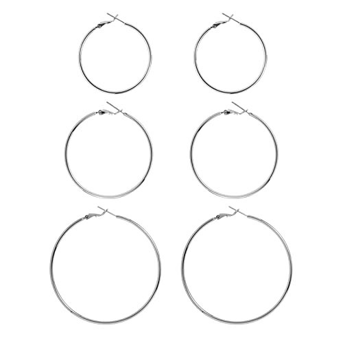 Big Silver Hoop Earrings for Women Hypoallergenic 925 Sterling Silver Post Thin Loop 14K Gold Plated Hoop Earrings Set for Women, 3 Pairs (40mm, 50mm, 60mm) | Amazon (US)