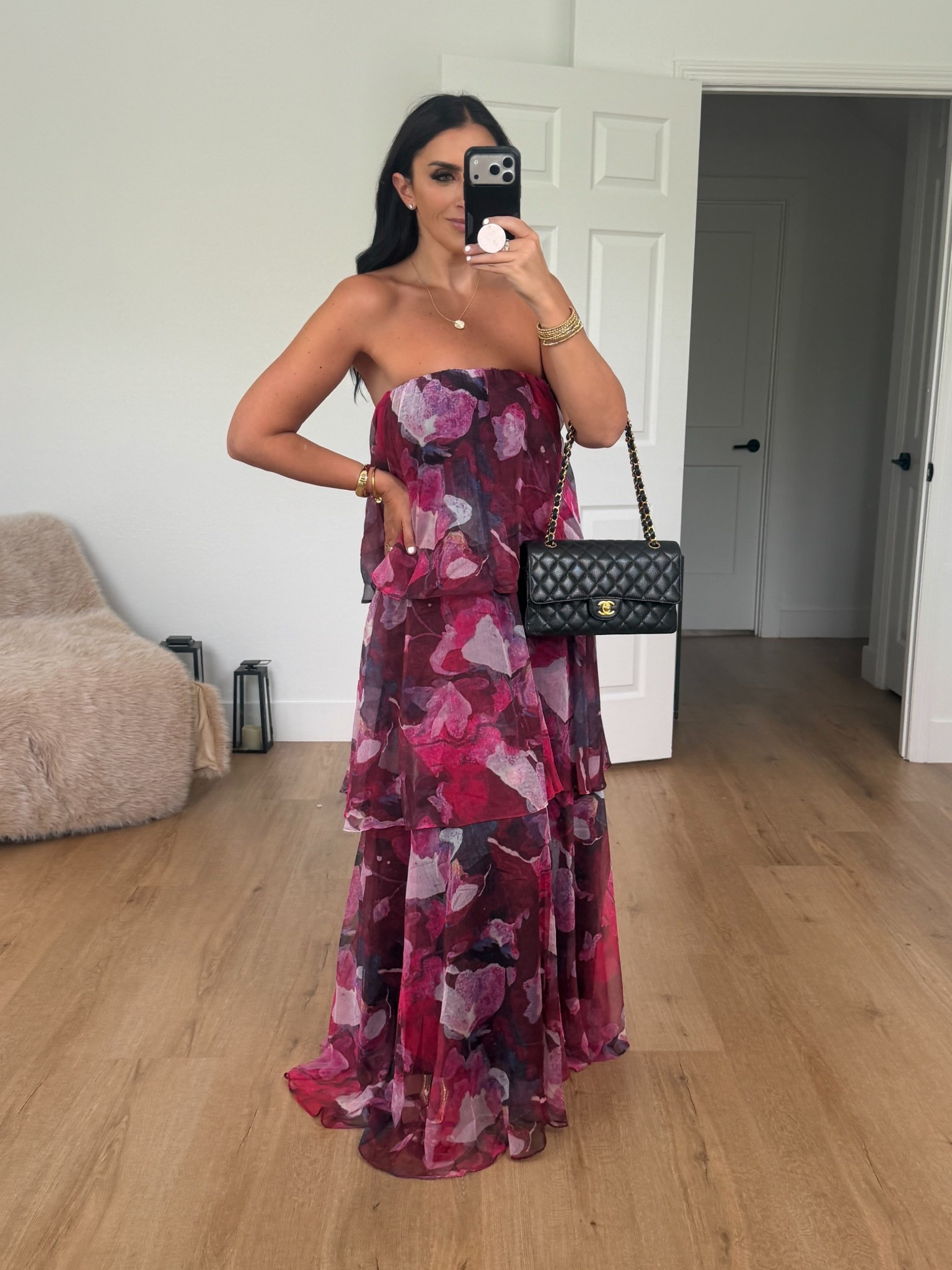 Petal & Pup Bloom Strapless Tiered Chiffon Maxi Dress wearing size small in color purple floral