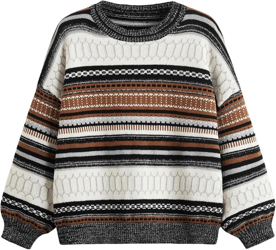 MakeMeChic Women's Winter Christmas Sweaters Grandpa Vintage Striped Oversized Long Sleeve Crew N... | Amazon (US)