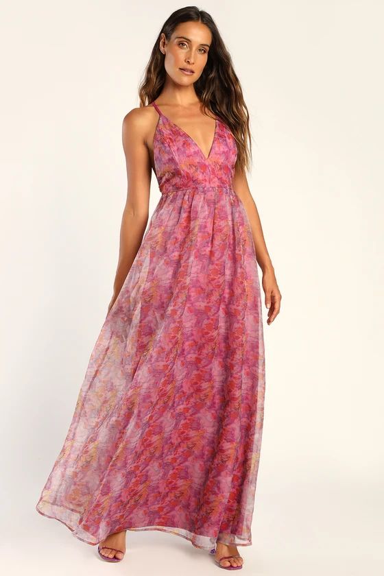 Bloom Wildly Magenta Floral Organza Maxi Dress | Lulus (US)