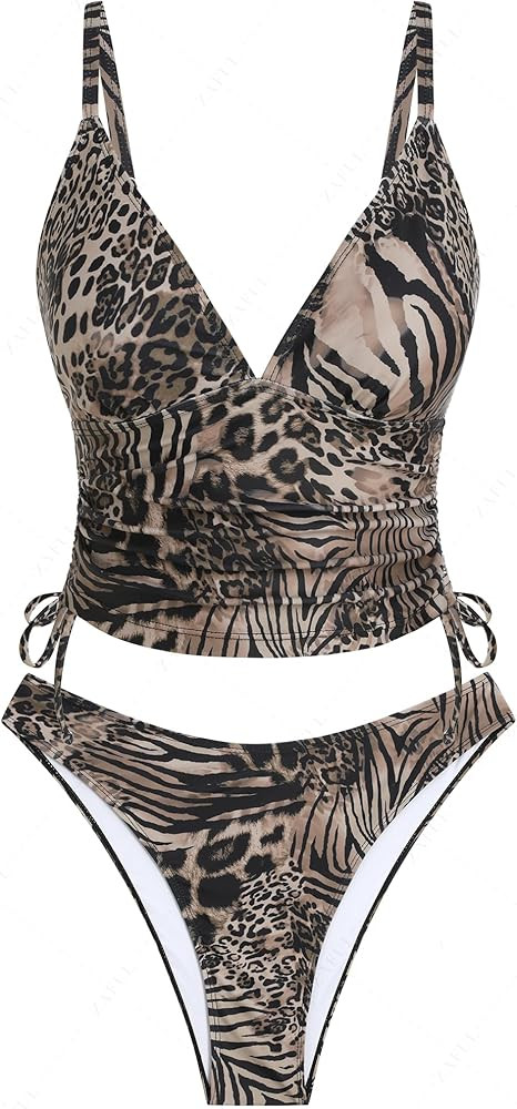 ZAFUL Women's Spaghetti Strap Tankini Swimsuits V Neck Tummy Control Tie Side Thong Bikini Swimsu... | Amazon (US)