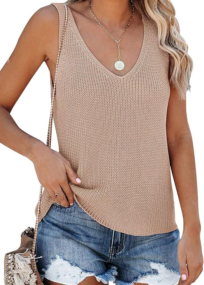 YEXIPO Womens Summer Sleeveless V Neck Sweater Vest Fall Loose Casual Knit Tank Tops | Amazon (US)