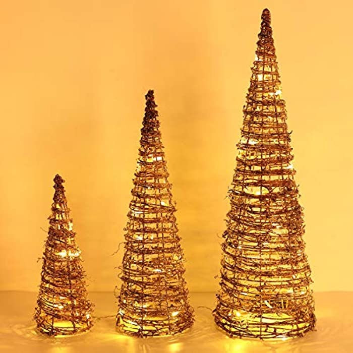 Lewondr Christmas Cone Trees, Set of 3 Christmas Tree with Lights and Winding Rattan Vine(24"/18"/12 | Amazon (US)