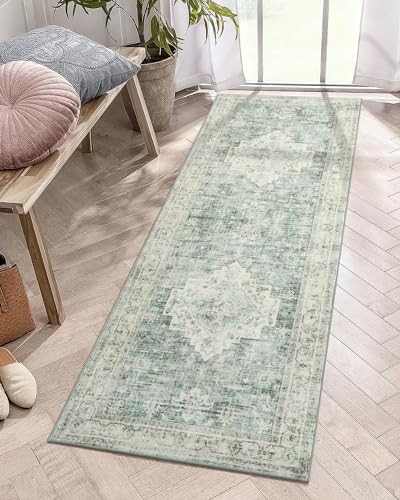LIVEBOX Washable 2x6 Runner Rug for Bathroom, Non Slip Kitchen Mats for Floor Entryway, Boho Indoor Front Door Mat Low-Pile Runners for Hallways, Farmhouse Rugs for Laundry, Sage Green | Amazon (US)
