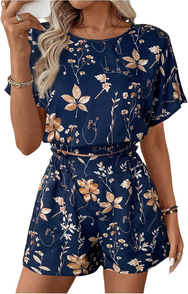 SweatyRocks Women's 2 Piece Summer Outfits Printed Short Sleeve Shorts Set | Amazon (US)