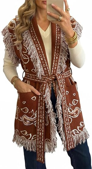 Saodimallsu Womens Sleeveless Long Cardigan Sweaters Fringe Shawl Collar Boho Paisley Wrap Belted... | Amazon (US)