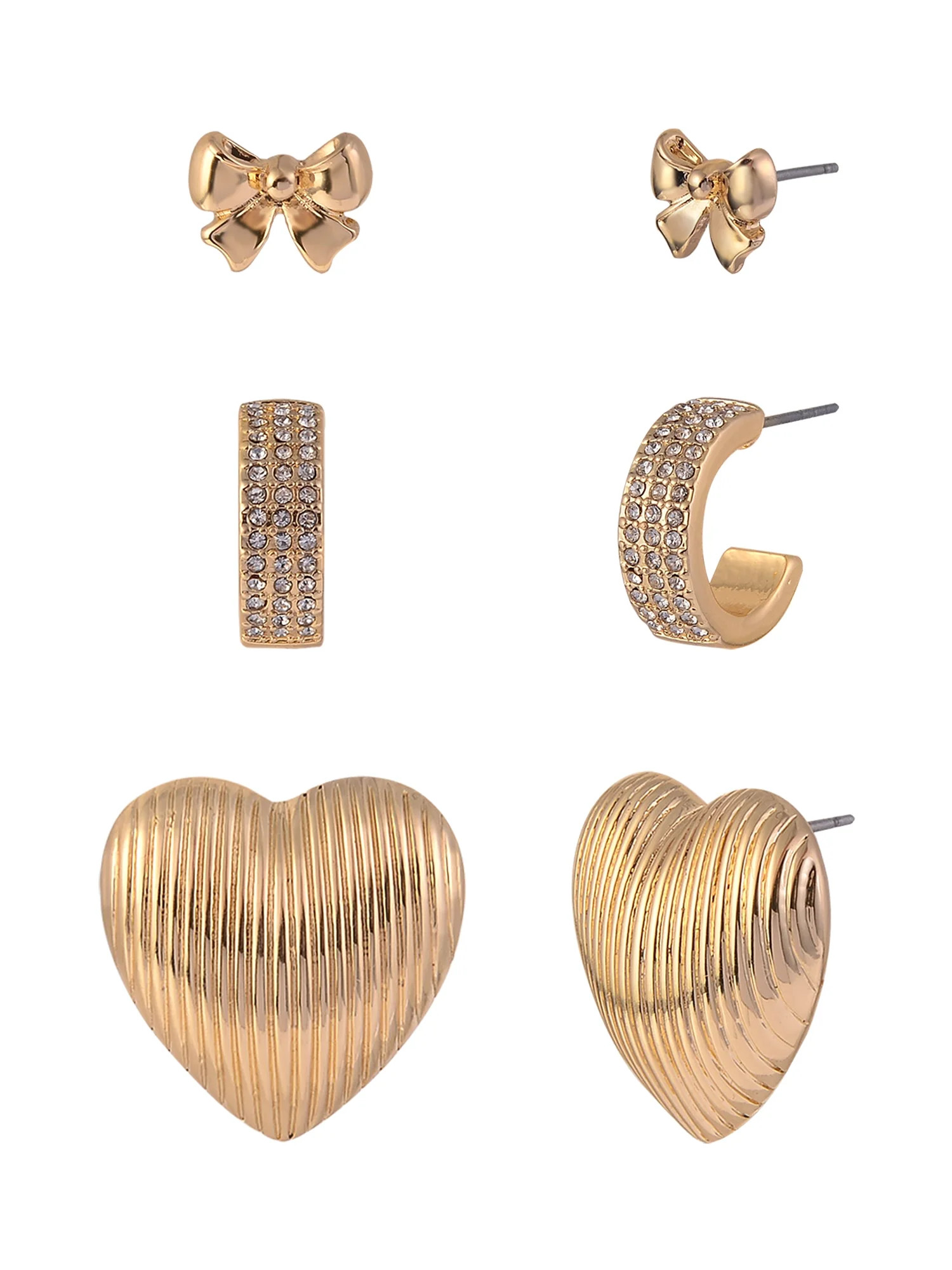 Time and Tru Women's Metal Bow Textured Heart Cry Pave Goldtone Hoop 3pc Multi Earring Set | Walmart (US)