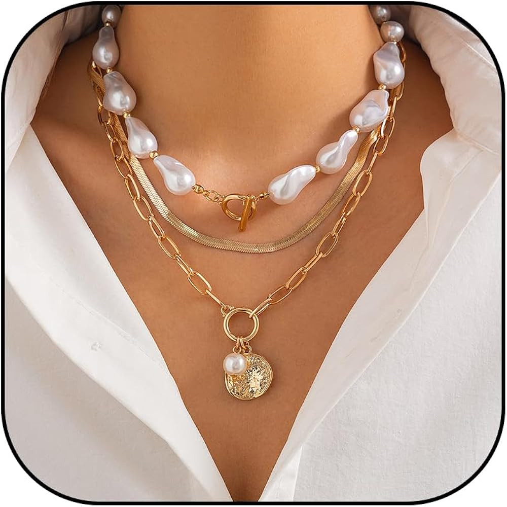 Frodete Gold Pearl Necklace for Women Gold Layered Necklaces Chunky Statement Stackable Necklaces... | Amazon (US)