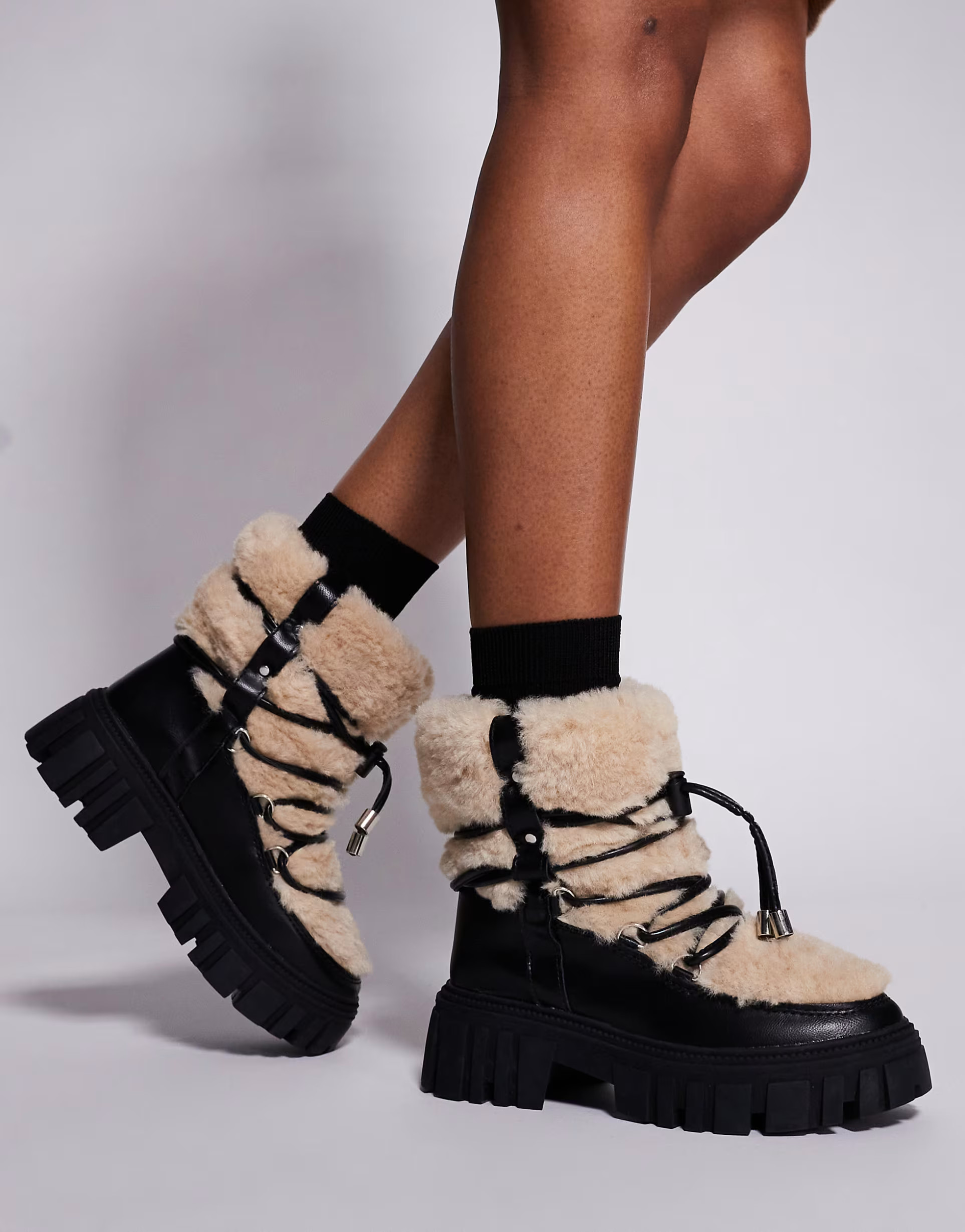 South Beach faux fur lace up snow boots in black and beige | ASOS (Global)