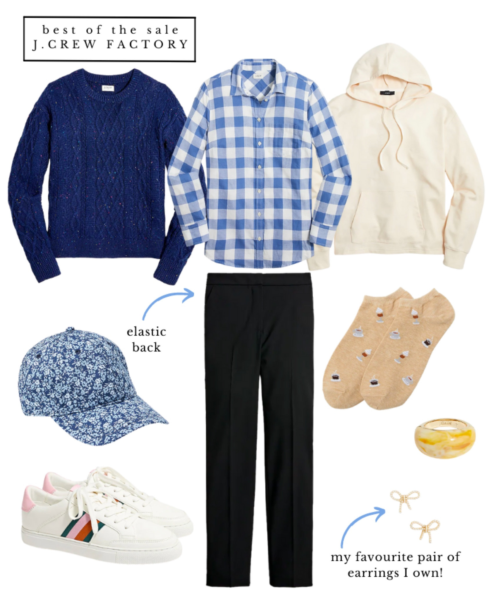 50% off JCrew Factory Fall haul / Fall outfits inspiration! Best of the JCrew Factory fall sale with 50% off everything. Blue and white lovers  look sharp in a navy cableknot sweater, blue and white gingham flannel shirt, cotton hoodie, floral baseball hat, everyday black pant, striped sneakers, coffee socks ☕️ and the cutest bow earrings 

#LTKsalealert #LTKstyletip #LTKSeasonal