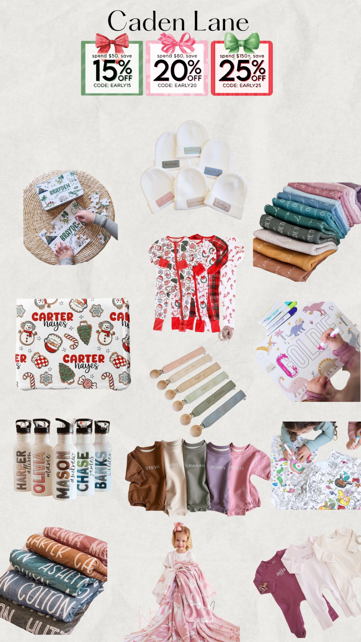 Shop up to 25% off Caden Lane for holiday gifts, new baby items, blankets, outfits, toys and more!

Spend $50, save 15% off with code: EARLY15
Spend $80, save 20% off with code: EARLY20
Spend $150, save 25% off with code: EARLY25

Click below to shop!


#LTKKids #LTKHoliday #LTKGiftGuide