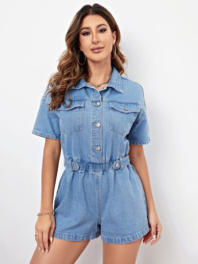 Flap Pocket Drop Shoulder Denim Romper | SHEIN