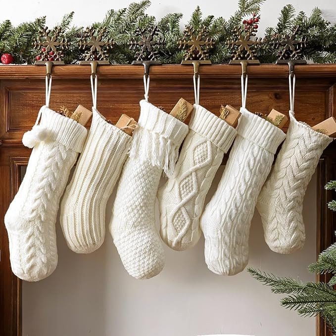 Christmas Stockings: 6 Pack Cream & White Cable Knit Patterns Fireplace Stockings, Rustic Hanging... | Amazon (US)