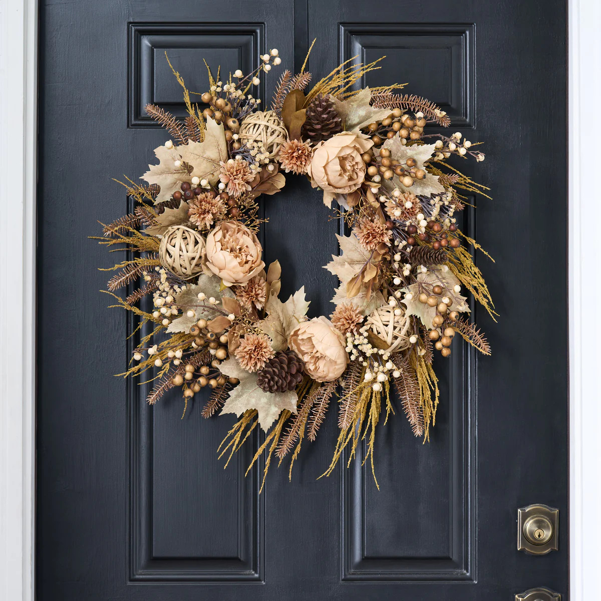 Tiramisu Layers - Autumn Peony, Pampas Grass, Rattan Ball & Pine Front Door Fall Wreath | Darby Creek Trading
