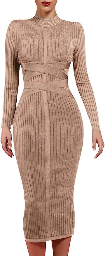 whoinshop Women's Cross Strap Ribbed Bandage Long Sleeve Midi Fall Winter Bodycon Party Dress | Amazon (US)