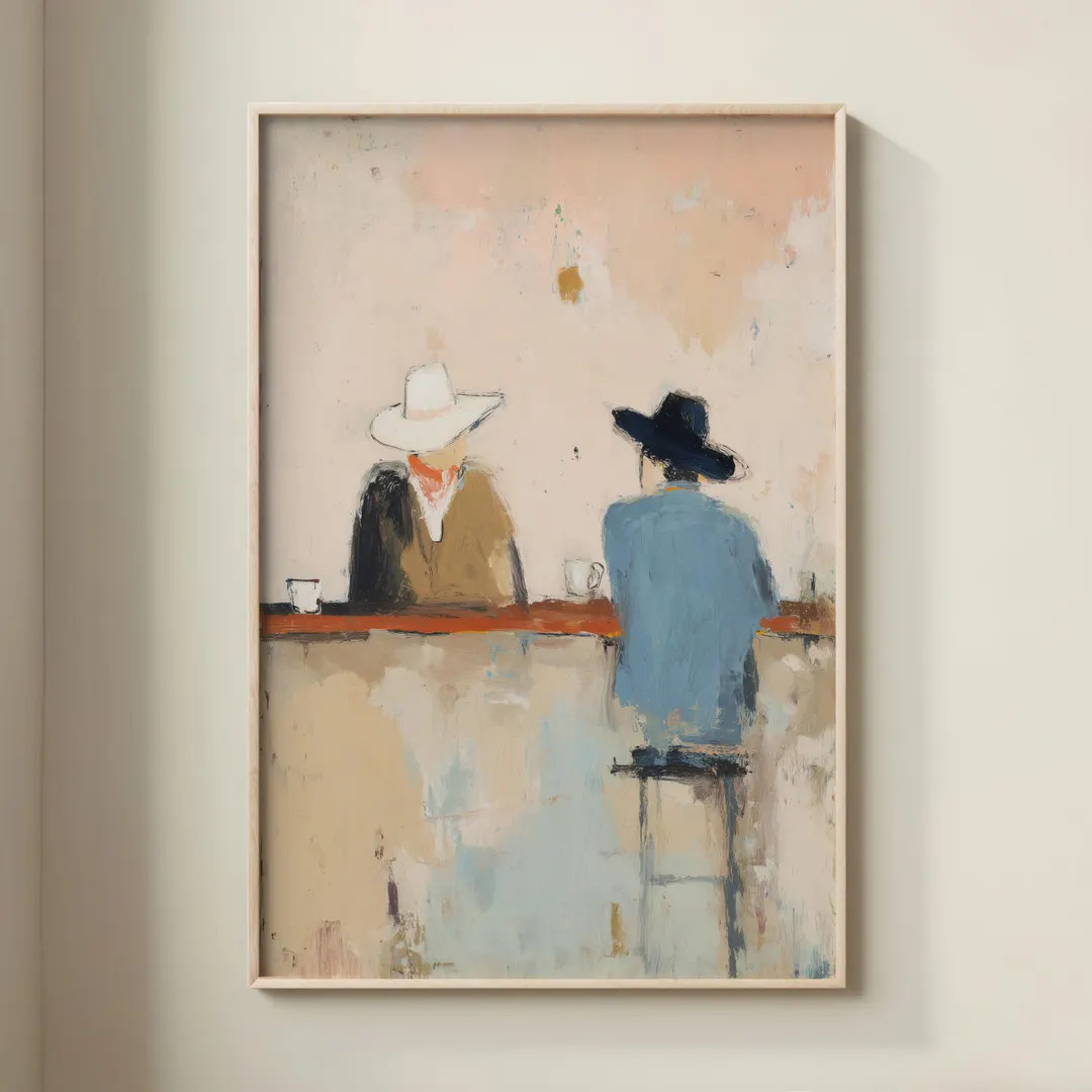 Cowboy Coffee Bar Scene Abstract Oil Painting: Tan and Blue Framed Print - Etsy | Etsy (Global)