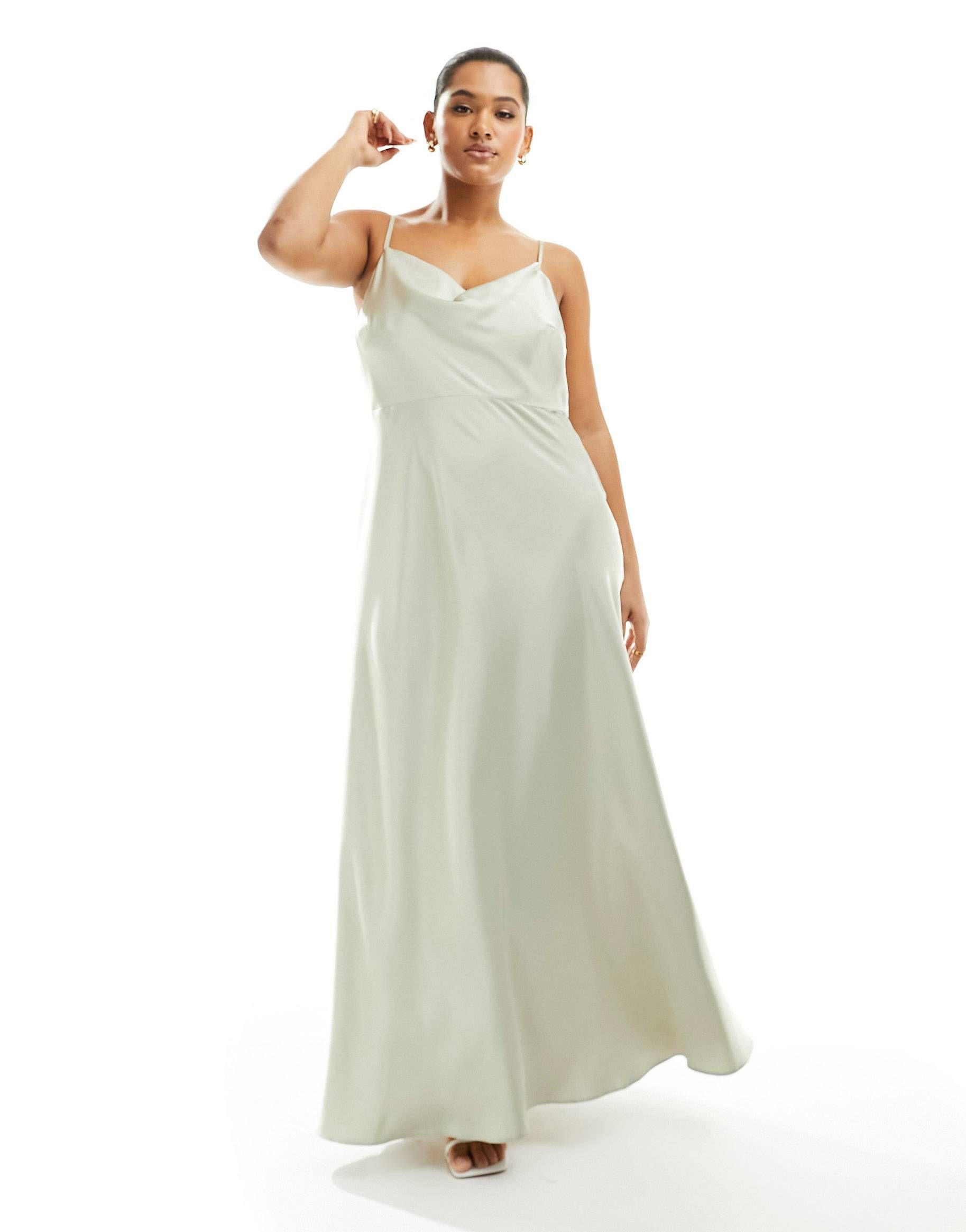 ASOS DESIGN Bridesmaid Curve satin cowl neck maxi dress with full skirt in sage green | ASOS (Global)