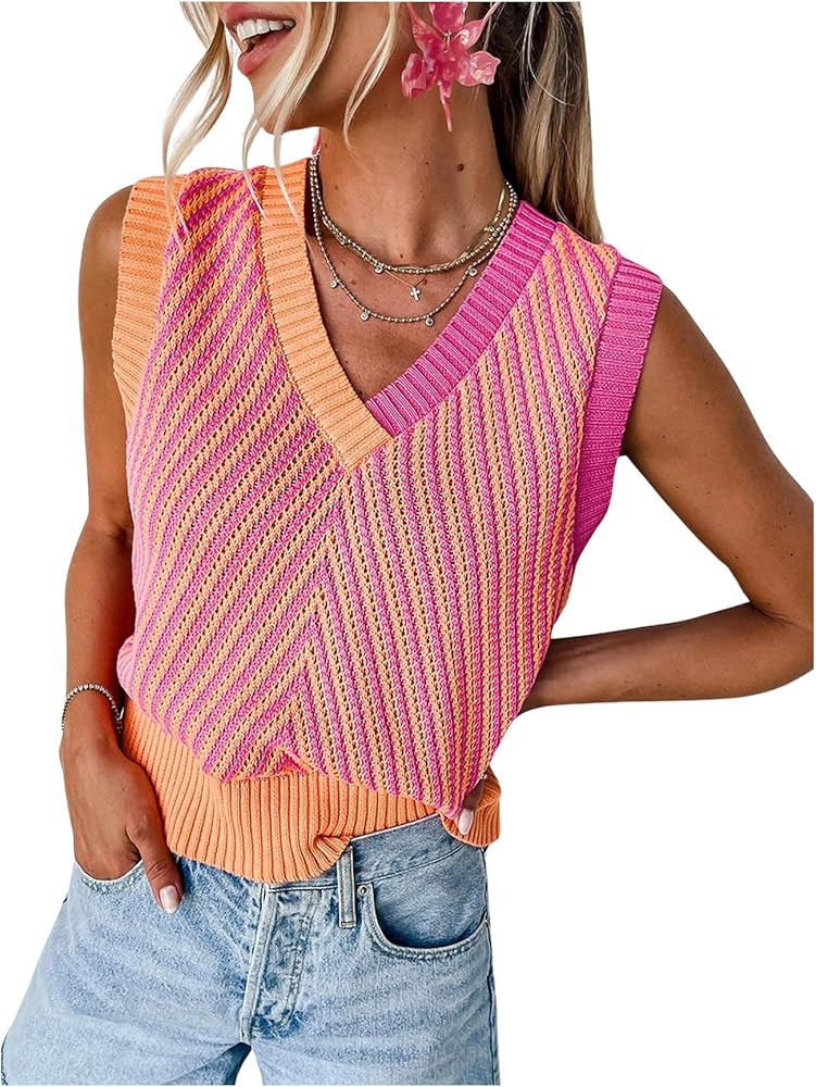 GORGLITTER Women's Colorful Sleeveless Sweater Vest V Neck Striped Kint Crop Tank Top | Amazon (US)