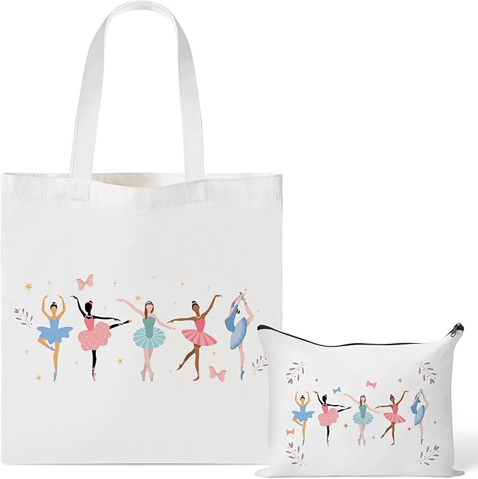 Y1tvei Ballerina Canvas Tote Bag - 2Pcs Ballerina Watercolor Print Makeup Bag Set, Cute Ballet Da... | Amazon (US)